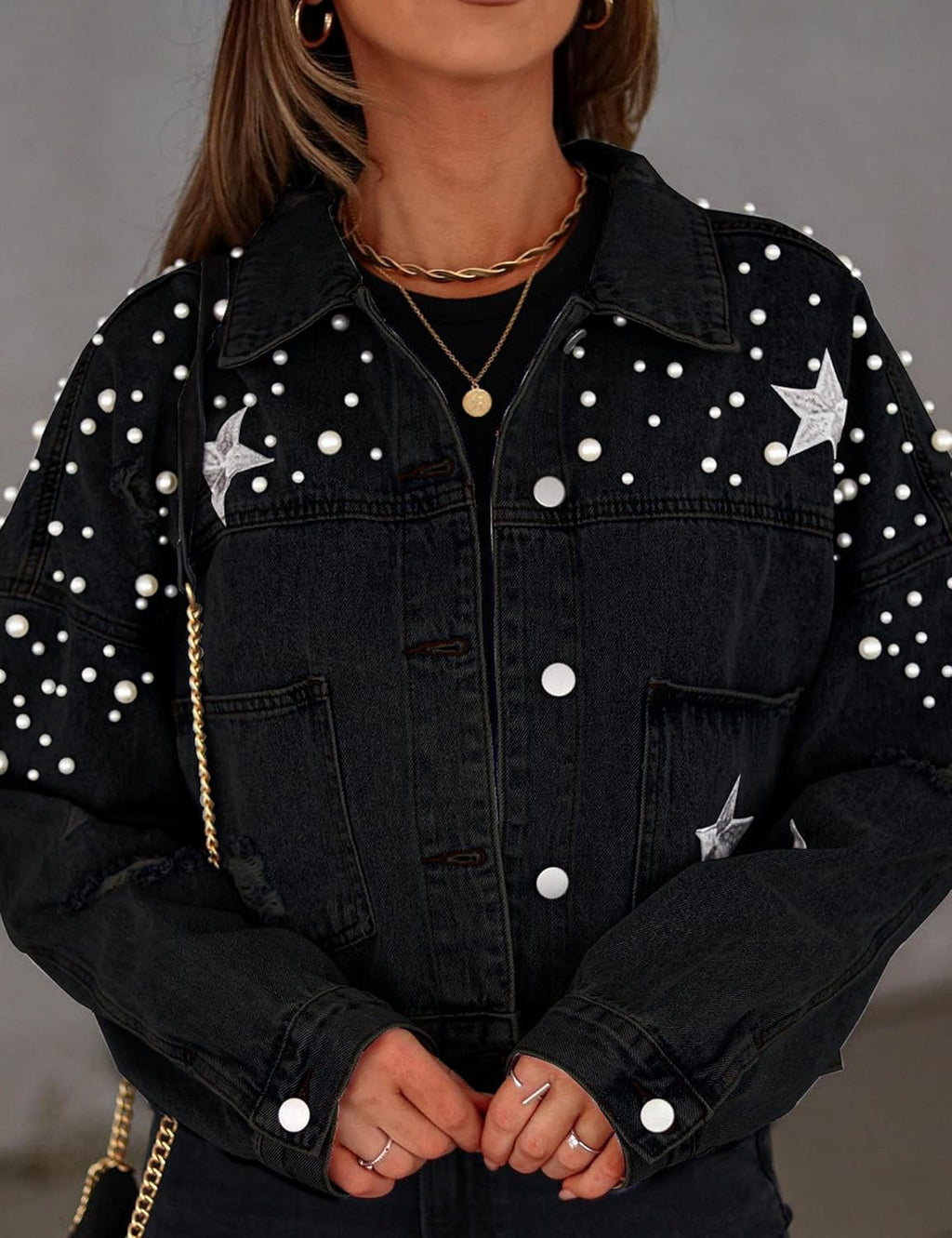 Pearl Stud Star Boxy Denim Jacket - black