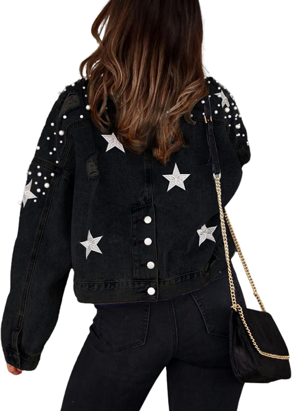 Pearl Stud Star Boxy Denim Jacket - black - 4