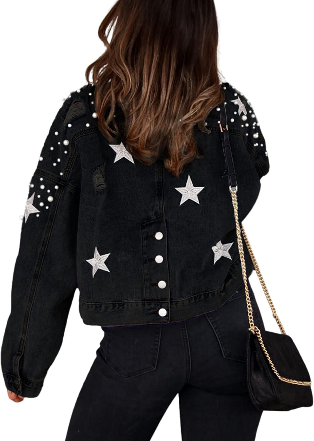 Pearl Stud Star Boxy Denim Jacket - black - 4