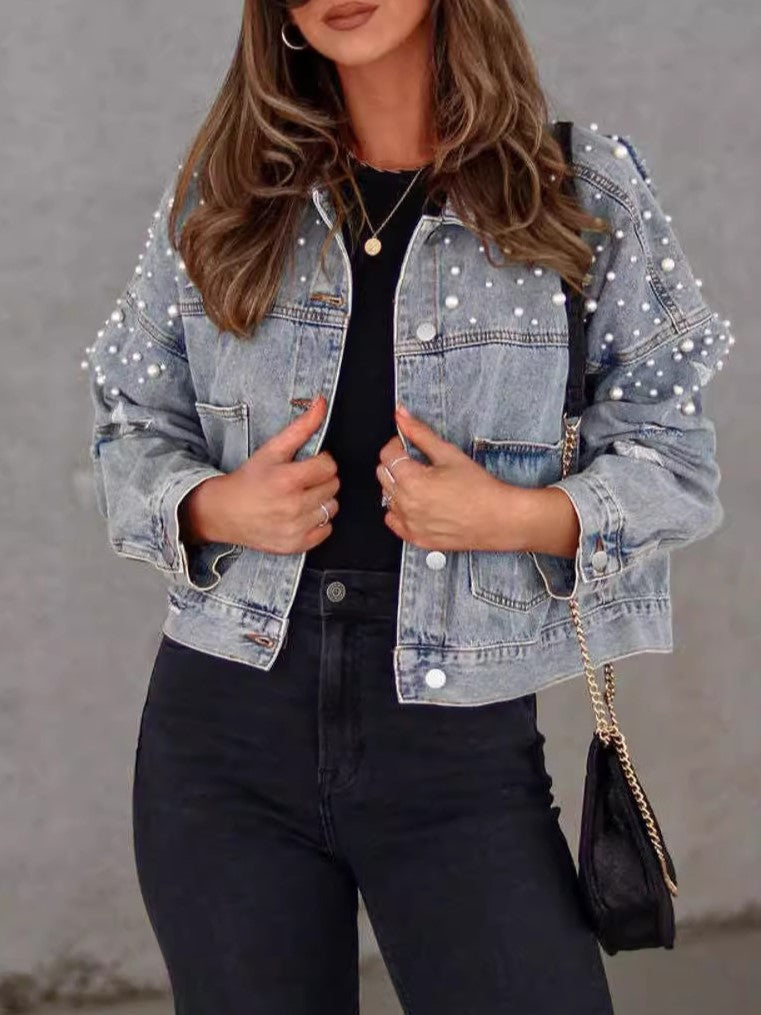 Pearl Stud Star Boxy Denim Jacket - blue