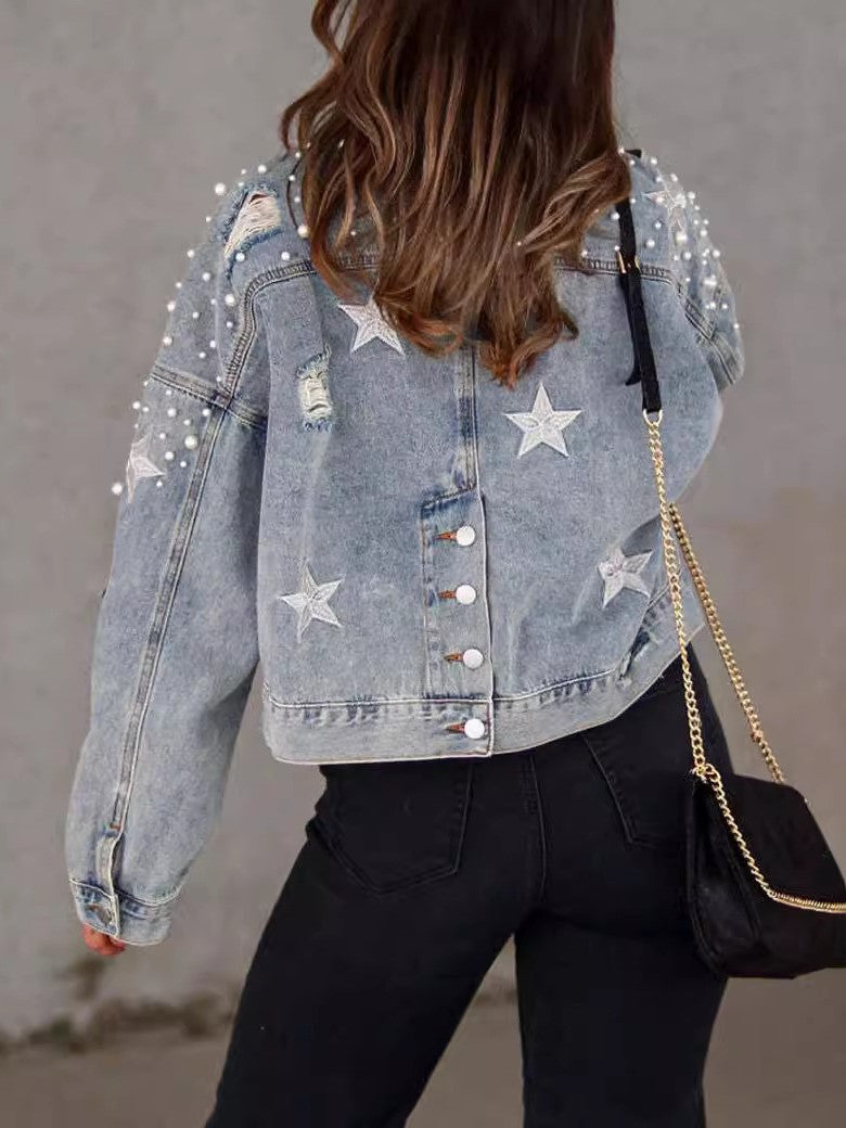 Pearl Stud Star Boxy Denim Jacket - blue - 1