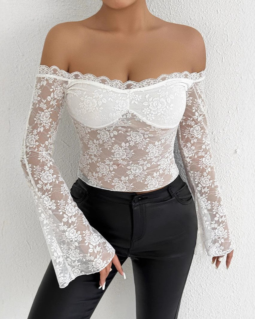 Off Shoulder Sheer Lace Long Sleeve Top - White