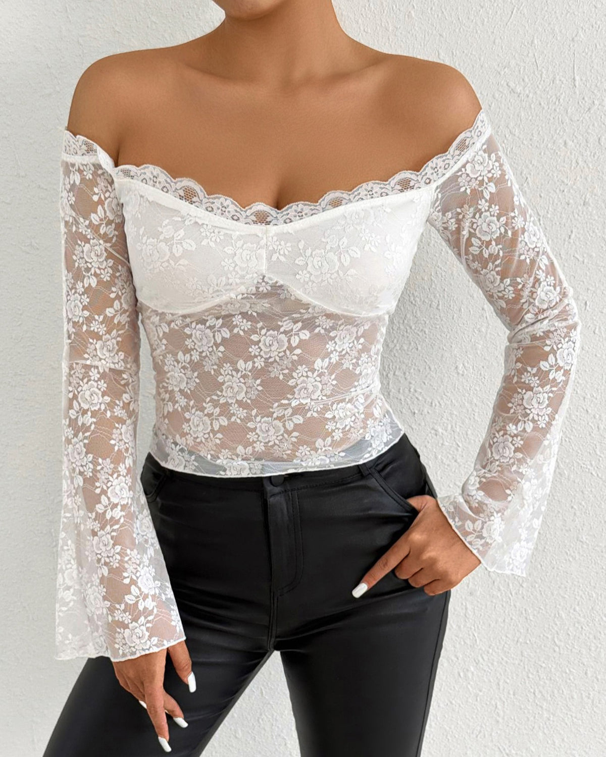 Off Shoulder Sheer Lace Long Sleeve Top - White - 1