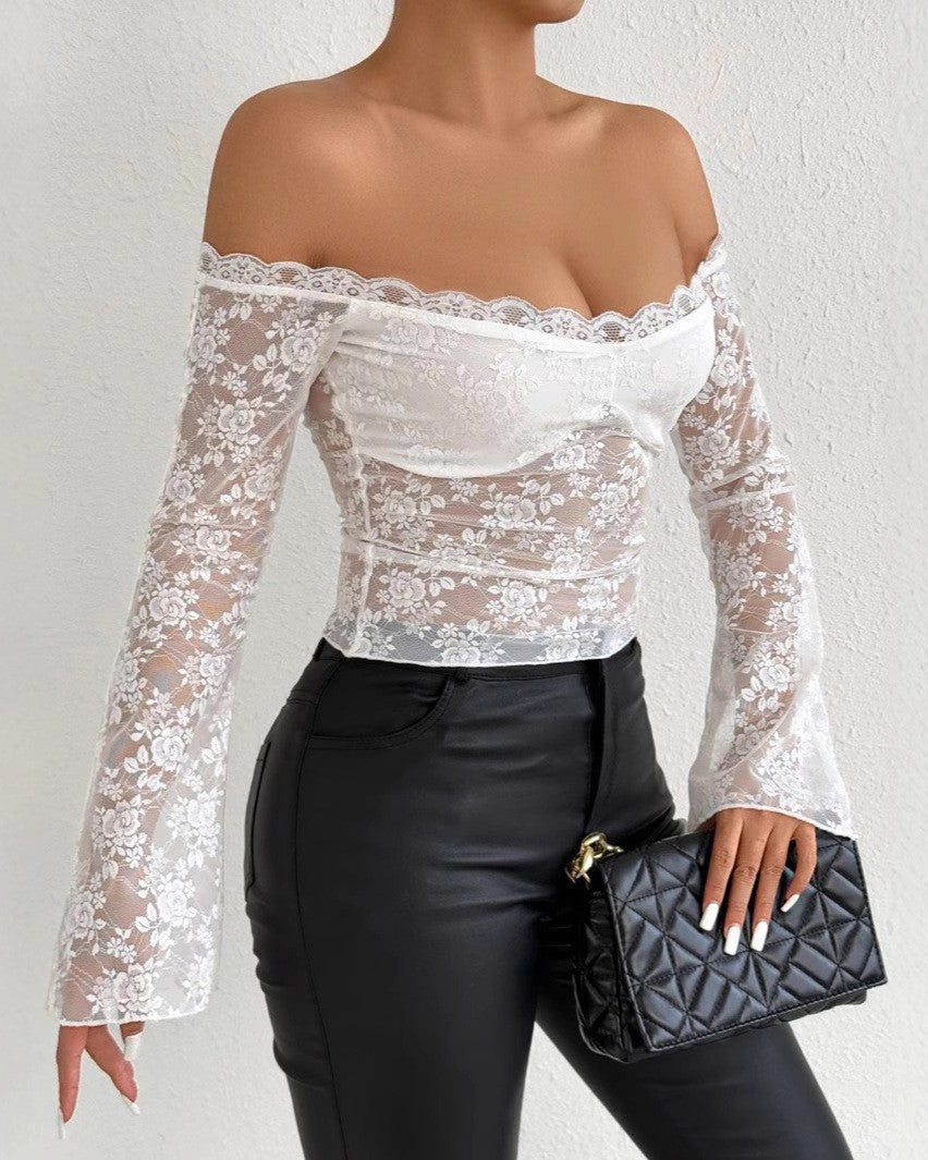 Off Shoulder Sheer Lace Long Sleeve Top - White - 2