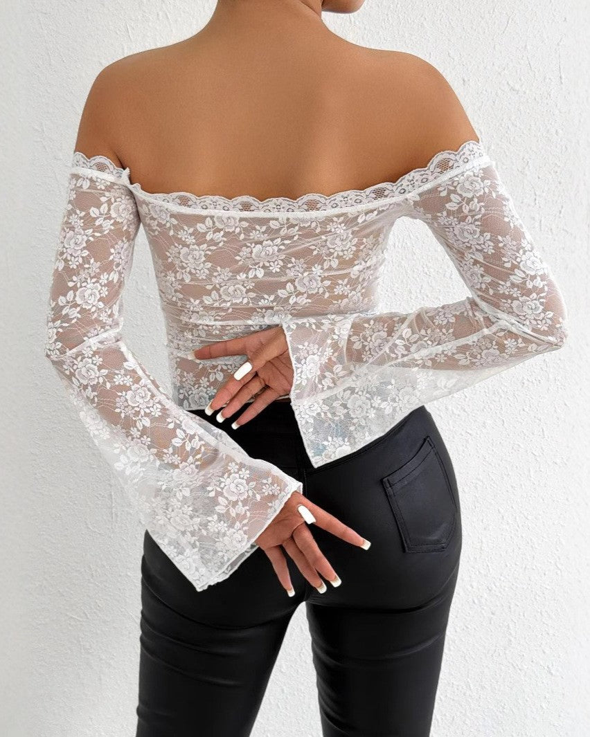 Off Shoulder Sheer Lace Long Sleeve Top - White - 3