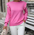 Contrast Ruffle Shoulder Crewneck Knit Sweater - Rose red