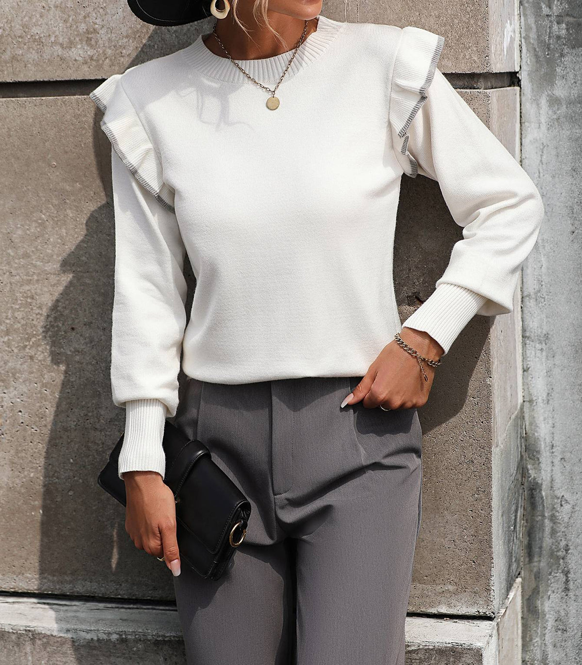 Contrast Ruffle Shoulder Crewneck Knit Sweater - White