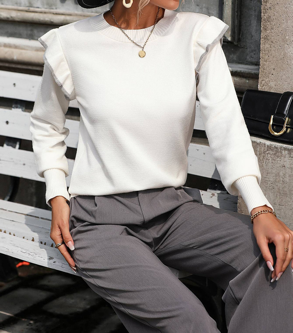 Contrast Ruffle Shoulder Crewneck Knit Sweater - White - 1