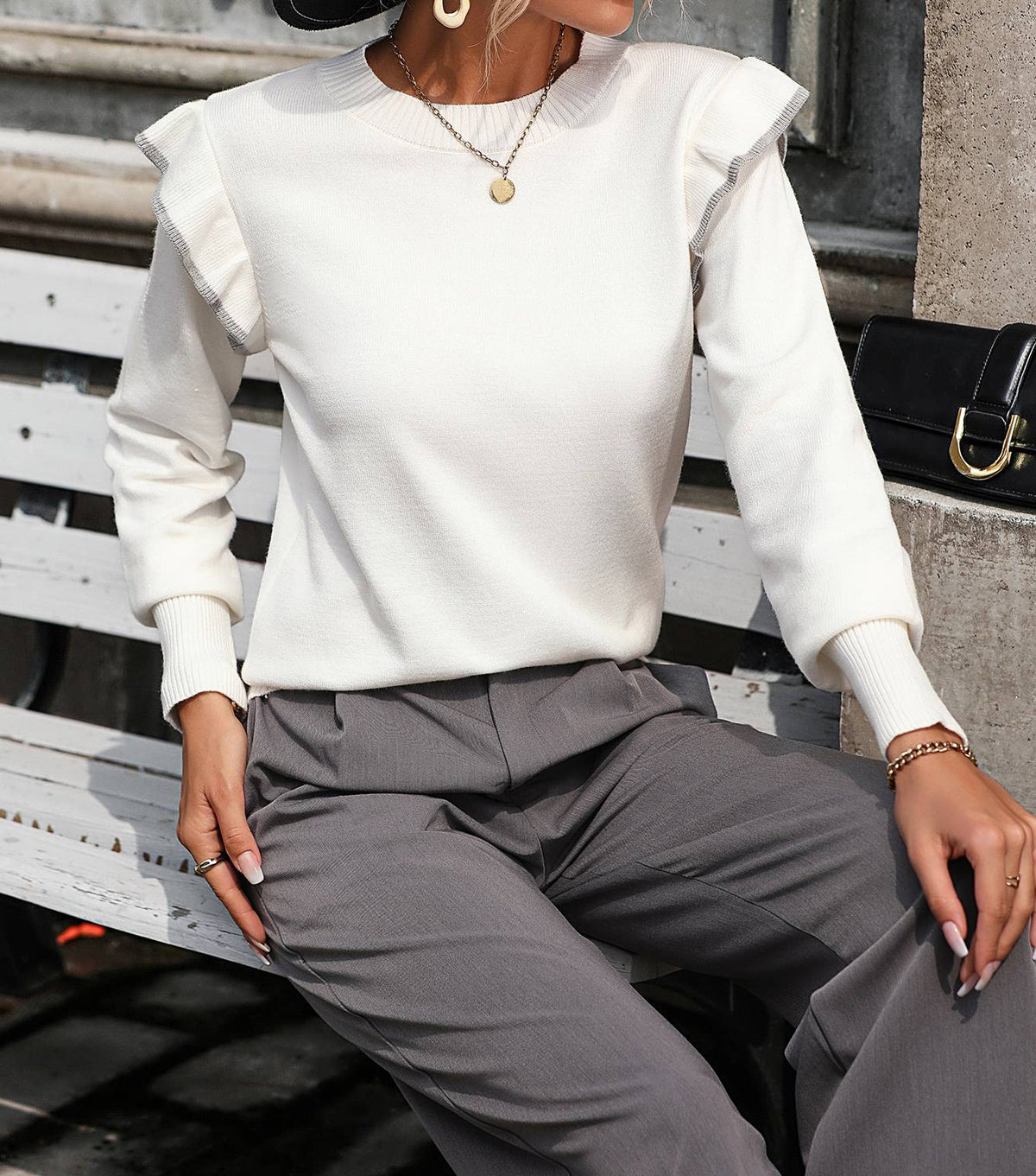 Contrast Ruffle Shoulder Crewneck Knit Sweater - White - 1