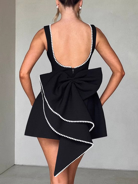 Scoop Back Mini Dress With Statement Bow - Black