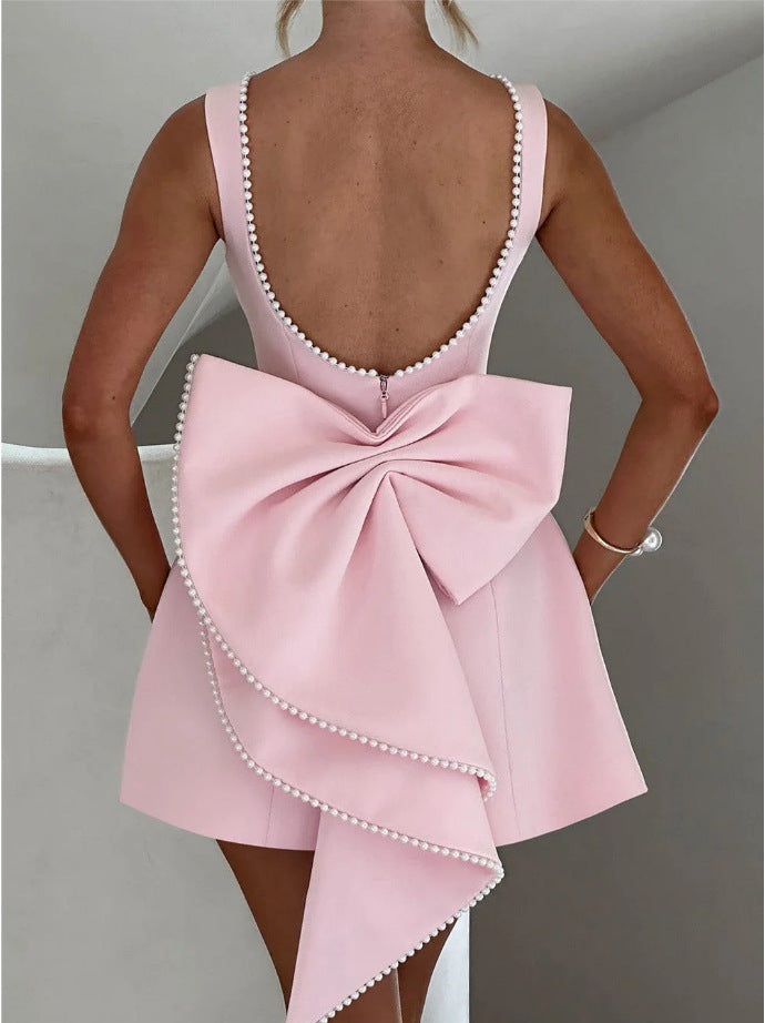 Scoop Back Mini Dress With Statement Bow - Pink