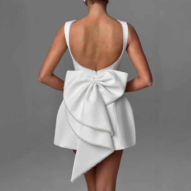 Scoop Back Mini Dress With Statement Bow - White