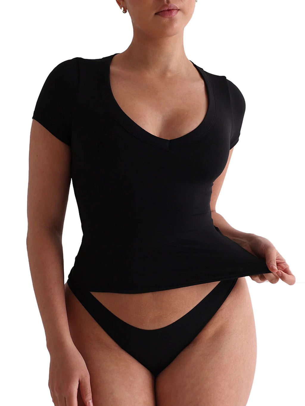 Seamless Stretch V Neck Fitted Tee - Black - 1