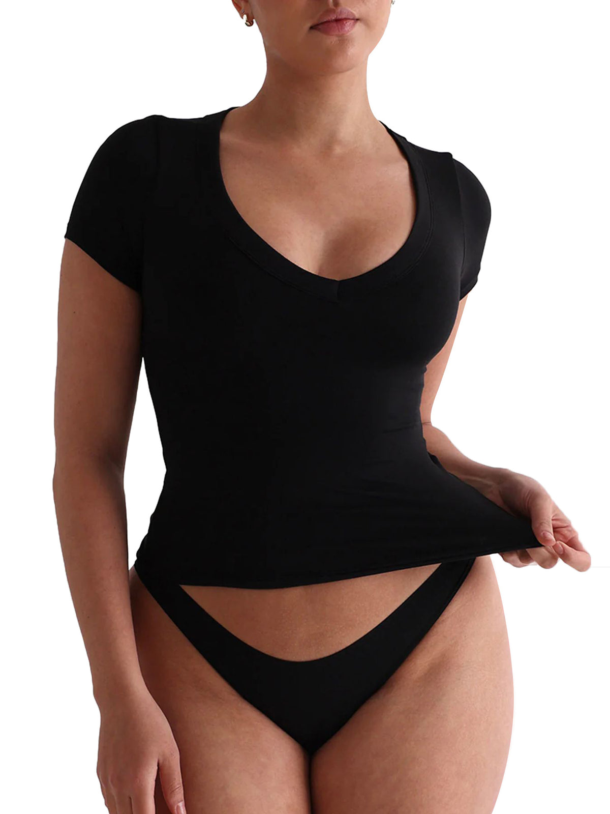 Seamless Stretch V Neck Fitted Tee - Black - 1