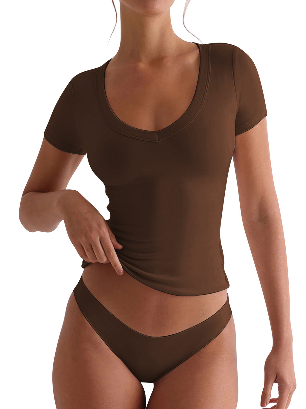 Seamless Stretch V Neck Fitted Tee - Coffee