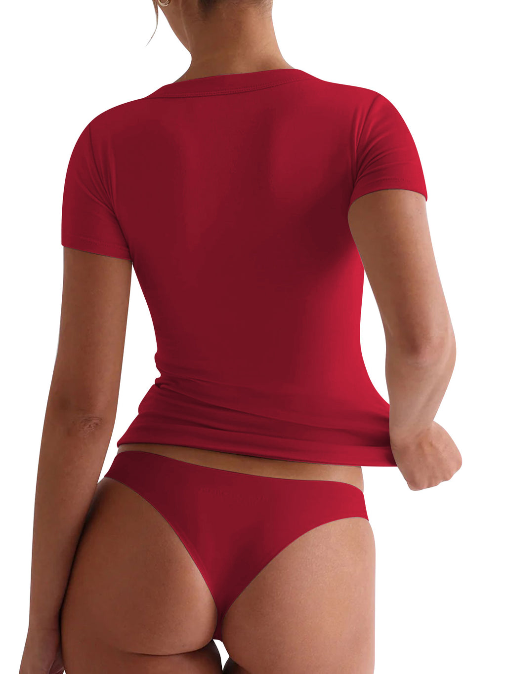 Seamless Stretch V Neck Fitted Tee - Red - 1