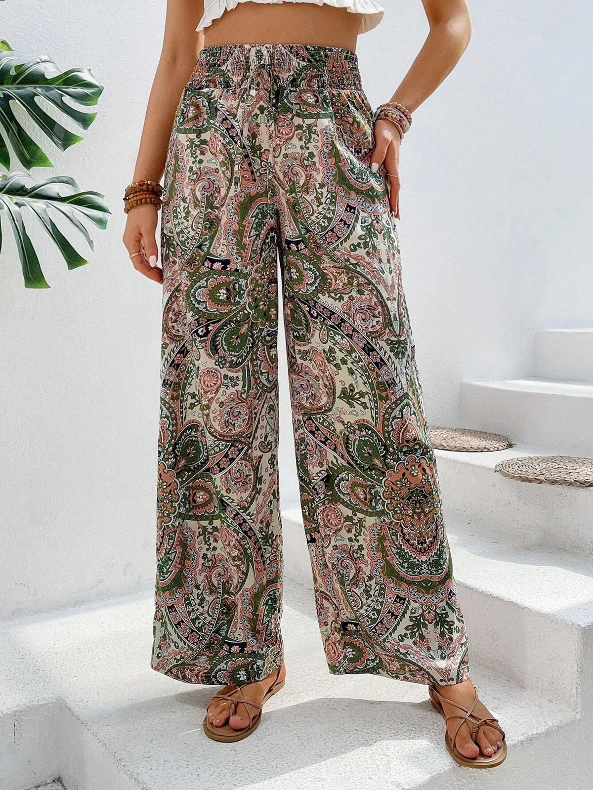 Paisley Print Elastic Waist Wide Leg Pants - Apricot