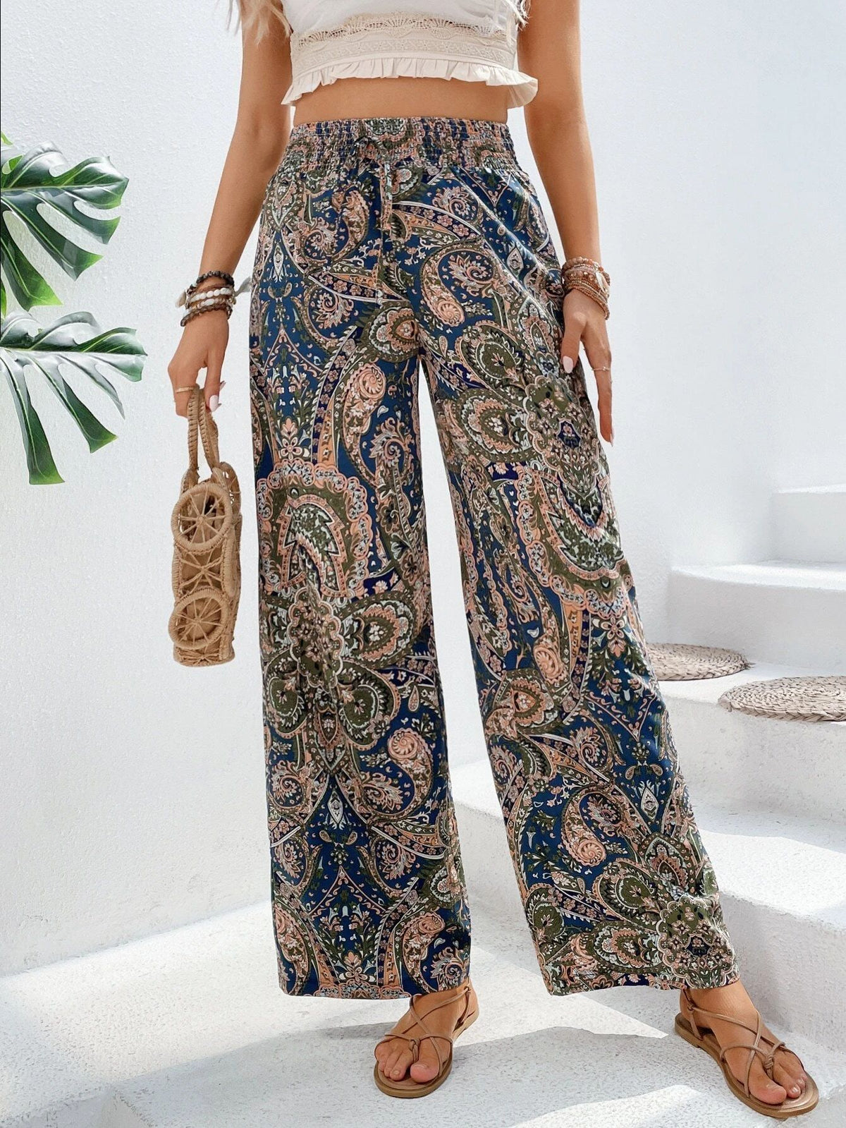 Paisley Print Elastic Waist Wide Leg Pants - Blue
