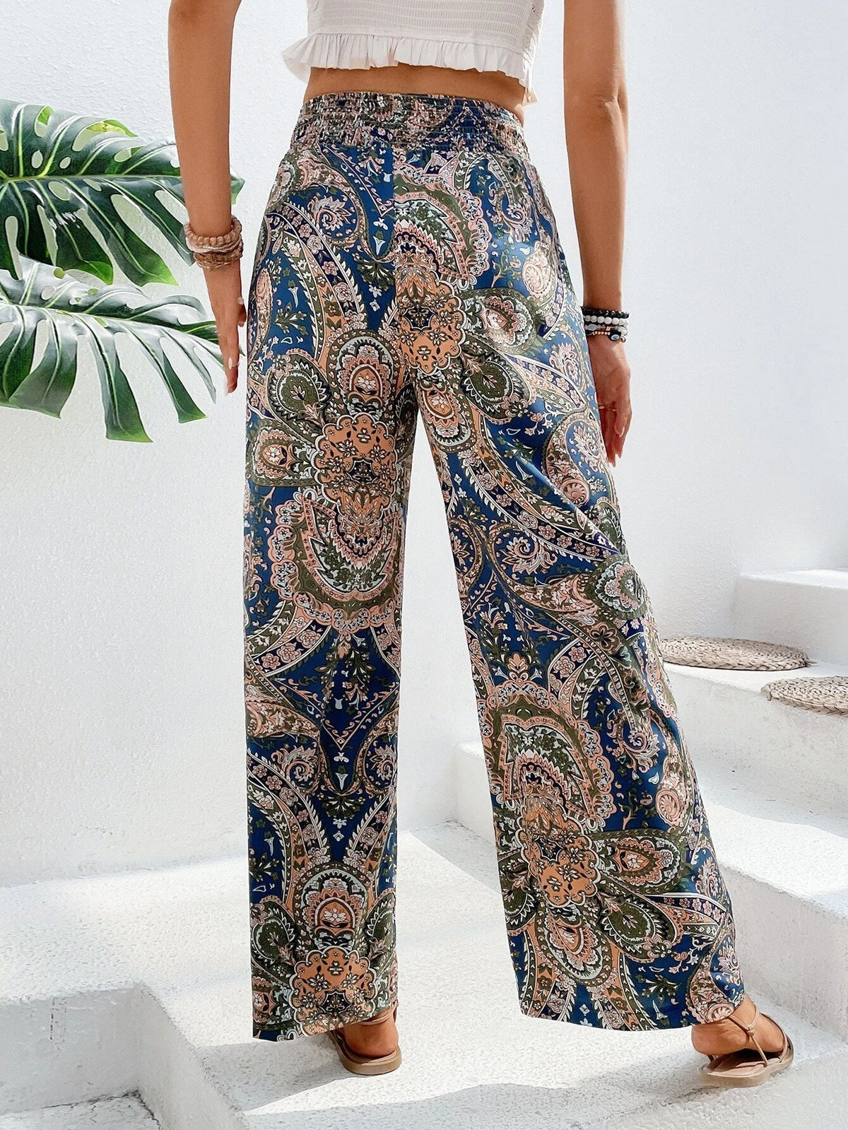 Paisley Print Elastic Waist Wide Leg Pants - Blue - 2