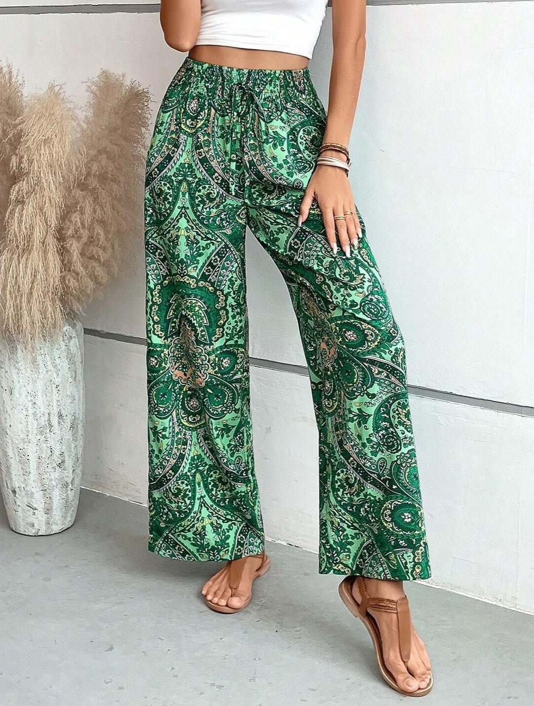 Paisley Print Elastic Waist Wide Leg Pants - Green