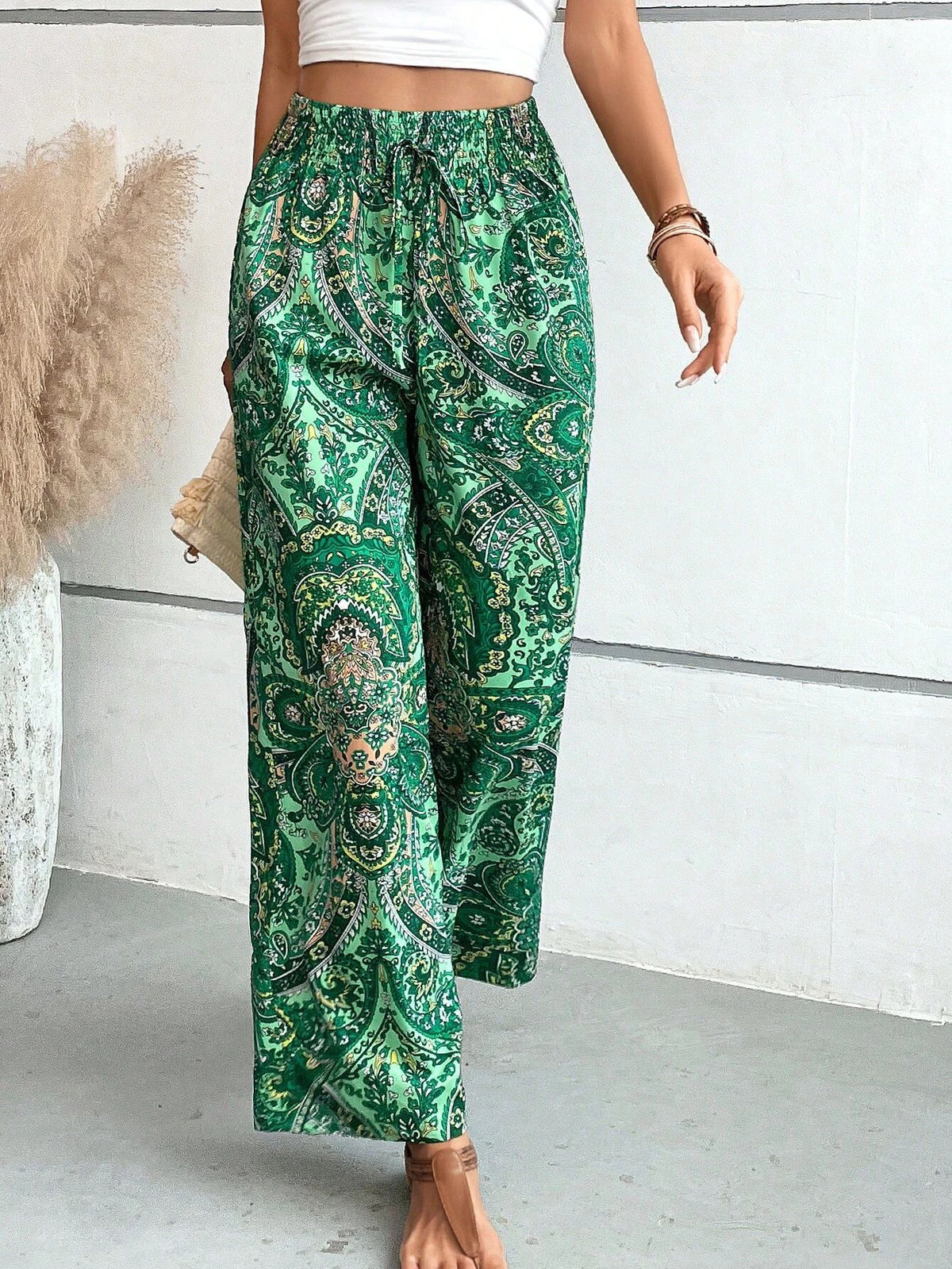 Paisley Print Elastic Waist Wide Leg Pants - Green - 1
