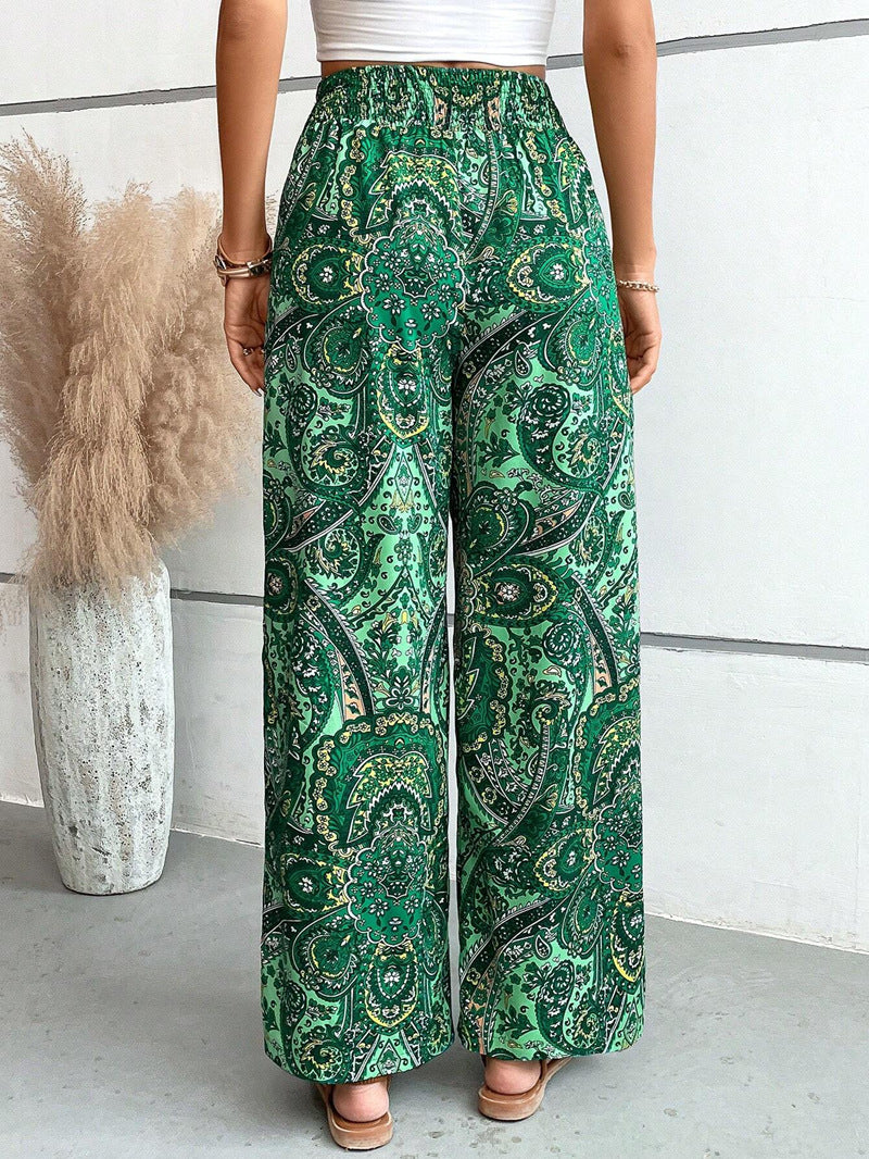 Paisley Print Elastic Waist Wide Leg Pants - Green - 2