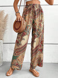 Paisley Print Elastic Waist Wide Leg Pants - Khaki