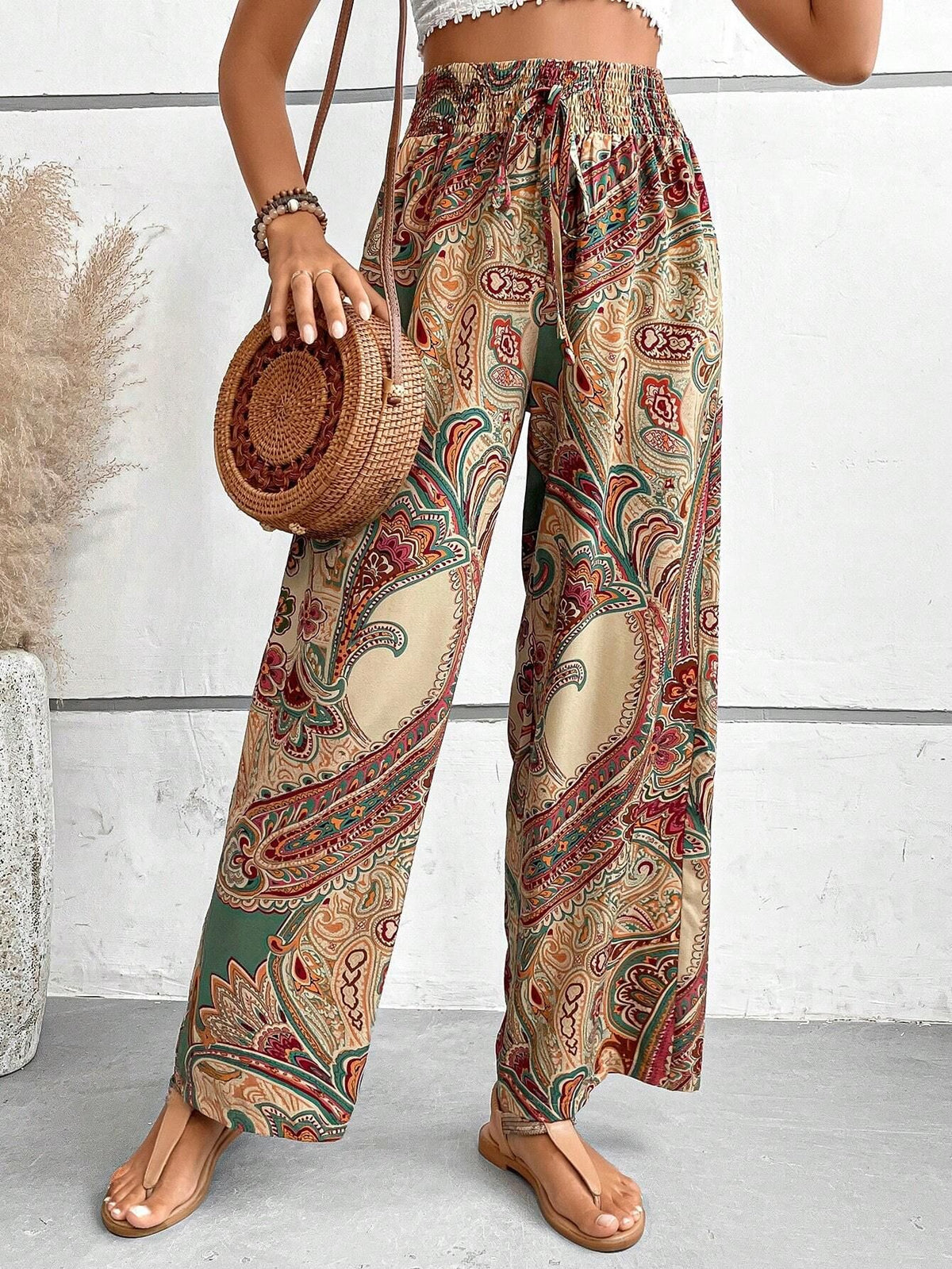 Paisley Print Elastic Waist Wide Leg Pants - Khaki