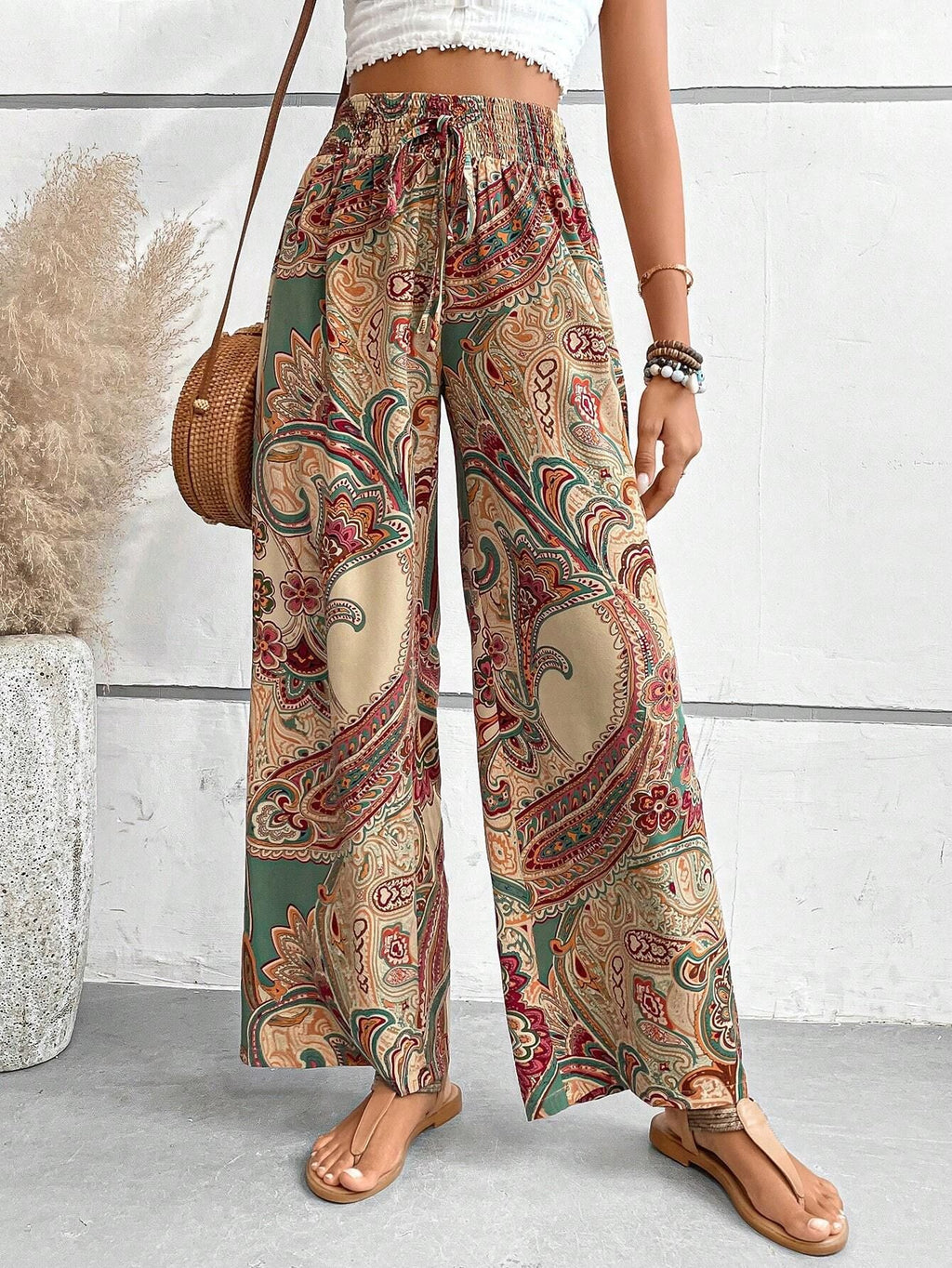 Paisley Print Elastic Waist Wide Leg Pants - Khaki - 1