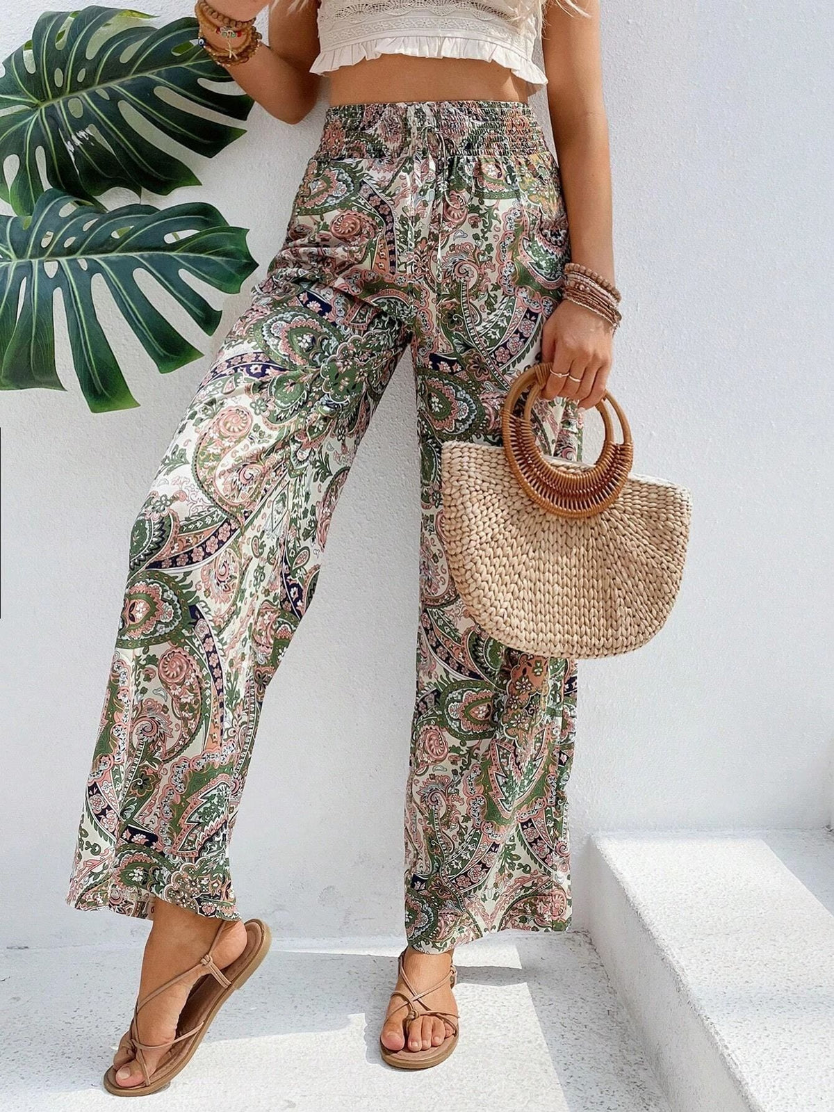 Paisley Print Elastic Waist Wide Leg Pants - view 1