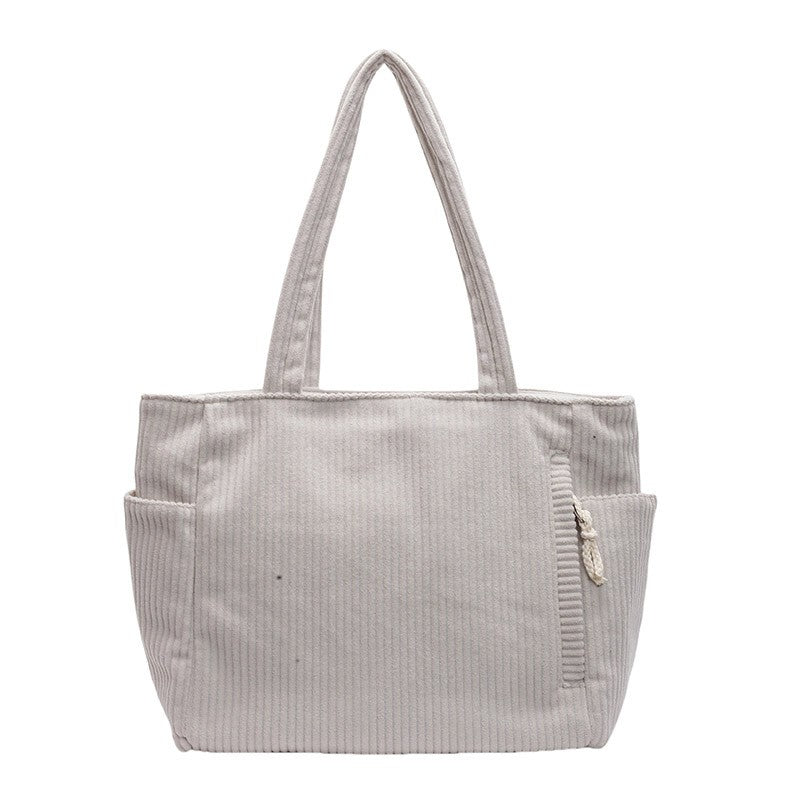 Corduroy Zip Top Tote Bag with Side Pockets - Cream
