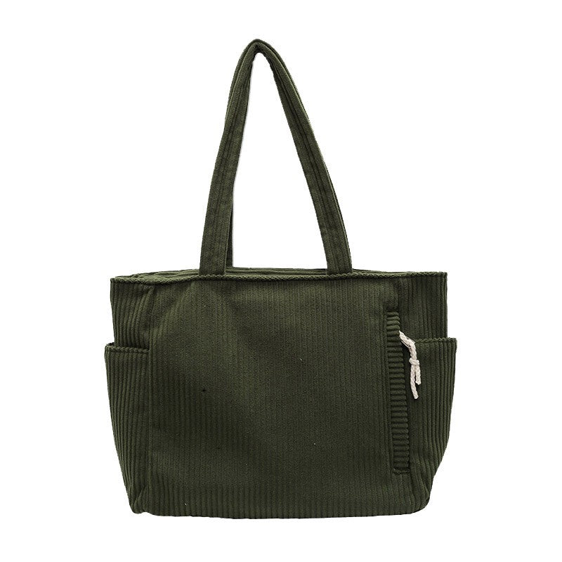 Corduroy Zip Top Tote Bag with Side Pockets - Olive