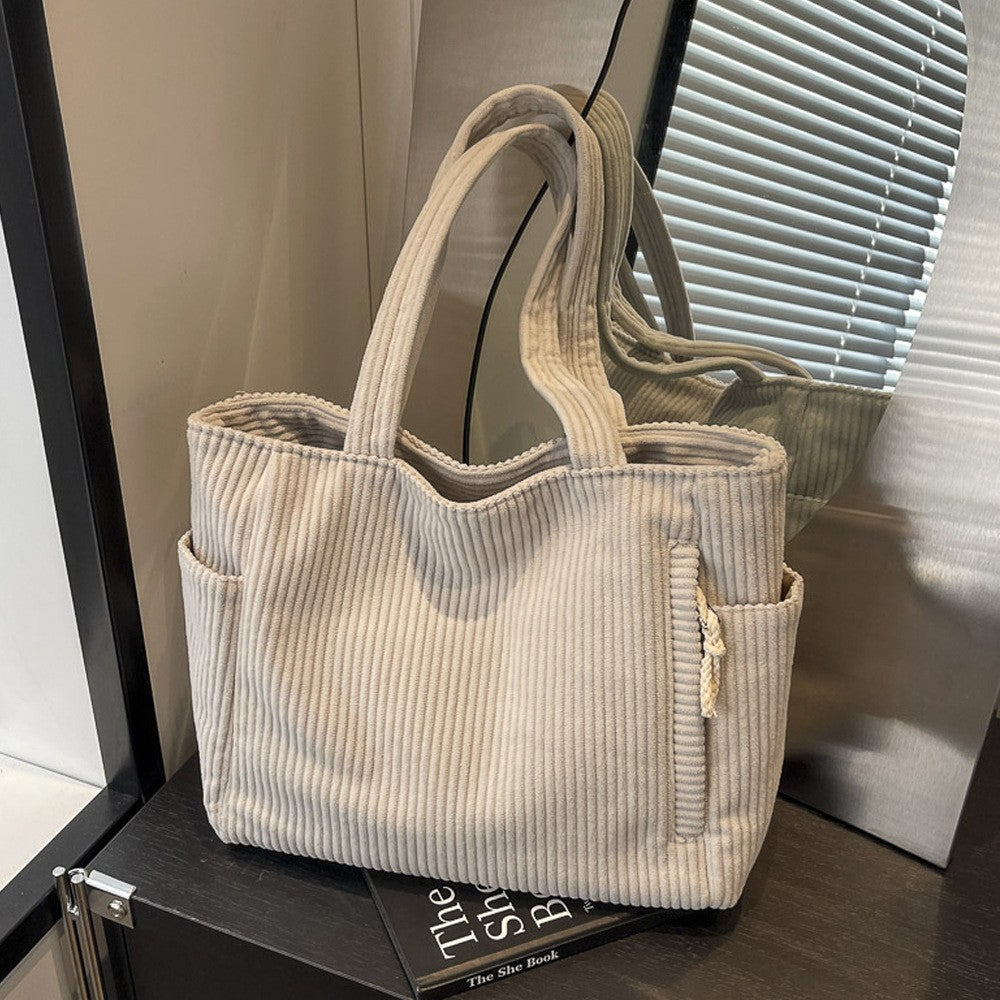 Corduroy Zip Top Tote Bag with Side Pockets