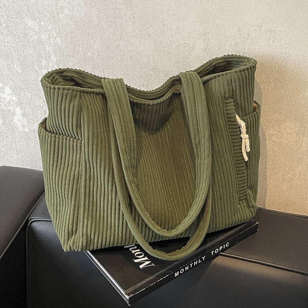 Corduroy Zip Top Tote Bag with Side Pockets