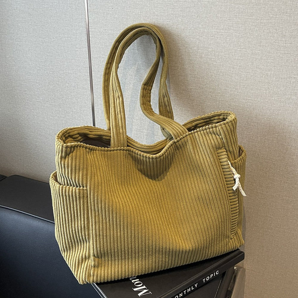 Corduroy Zip Top Tote Bag with Side Pockets