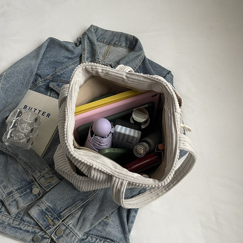 Corduroy Zip Top Tote Bag with Side Pockets