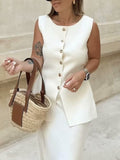 Round Neck Longline Buttoned Vest - Beige