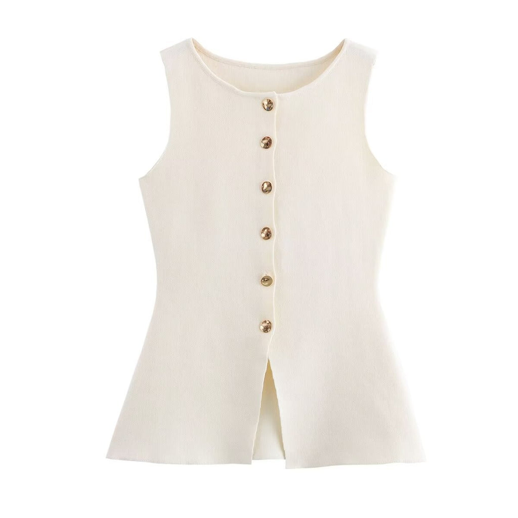 Round Neck Longline Buttoned Vest - Beige - 1