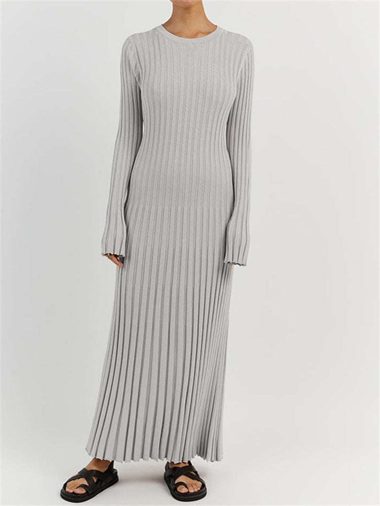 Long Sleeve Ribbed Knit Flared Hem Maxi Dress - Ash