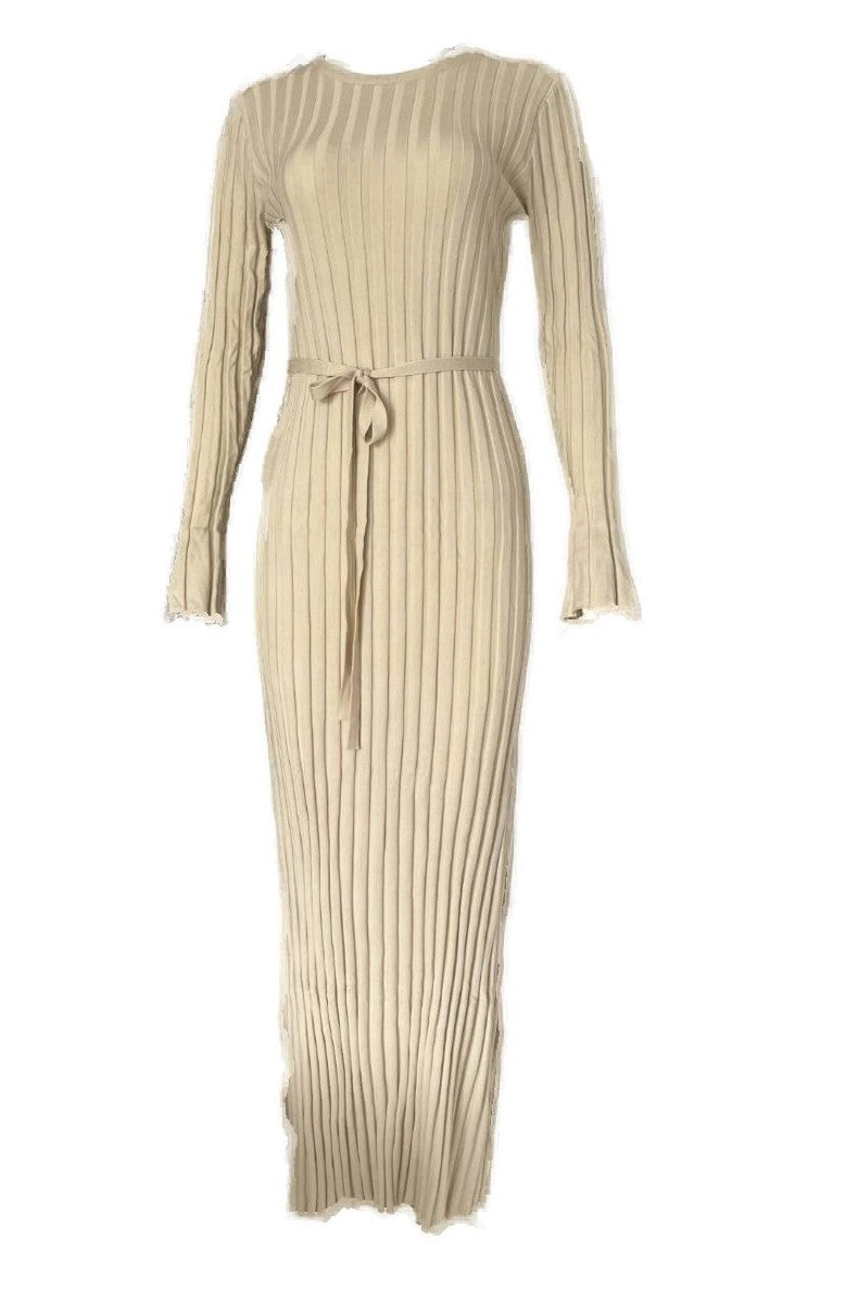 Long Sleeve Ribbed Knit Flared Hem Maxi Dress - Beige