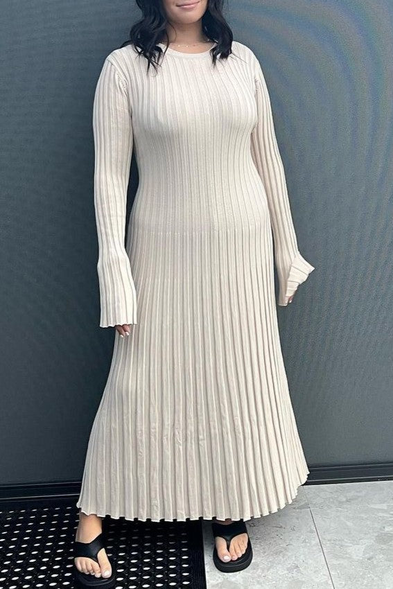 Long Sleeve Ribbed Knit Flared Hem Maxi Dress - Beige - 1