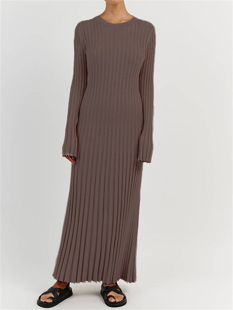 Long Sleeve Ribbed Knit Flared Hem Maxi Dress - Taupe