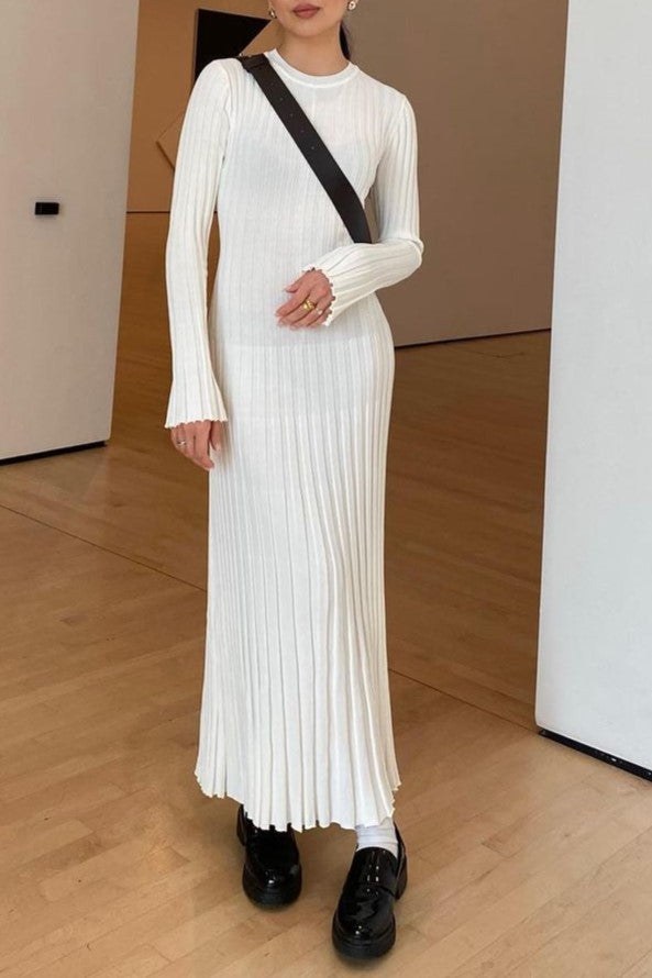 Long Sleeve Ribbed Knit Flared Hem Maxi Dress - White - 1