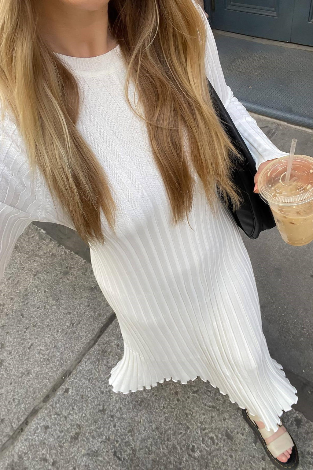 Long Sleeve Ribbed Knit Flared Hem Maxi Dress - White - 3