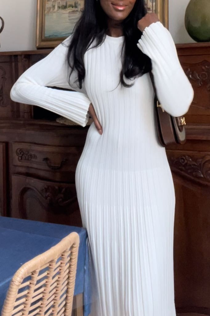 Long Sleeve Ribbed Knit Flared Hem Maxi Dress - White - 4