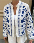 Floral Embroidered Open Front Shirt - WhiteBlue