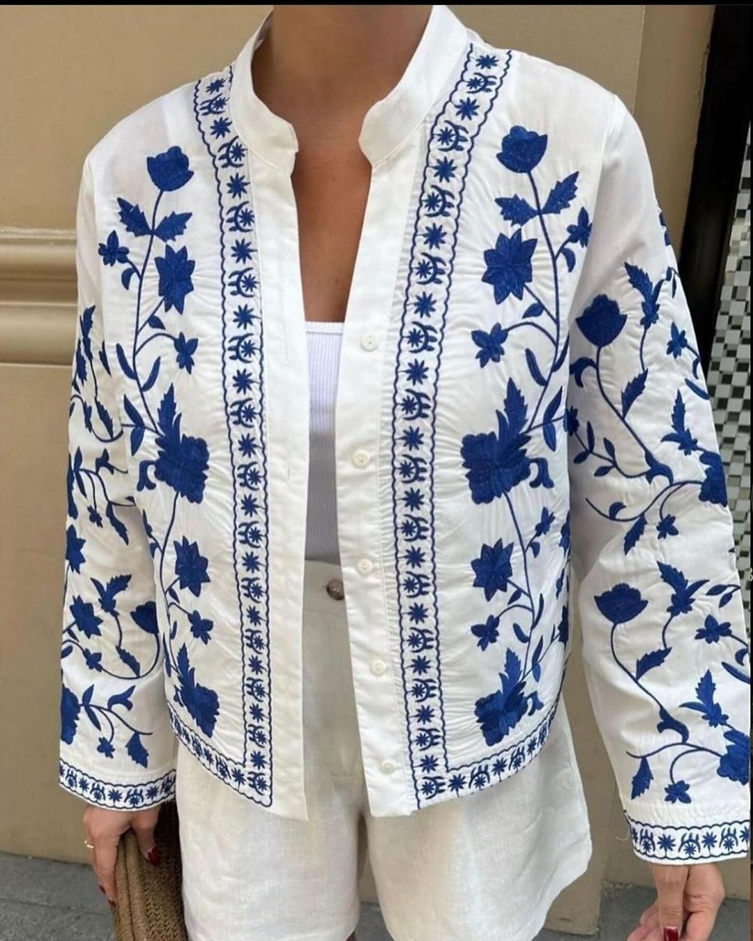 Floral Embroidered Open Front Shirt - WhiteBlue