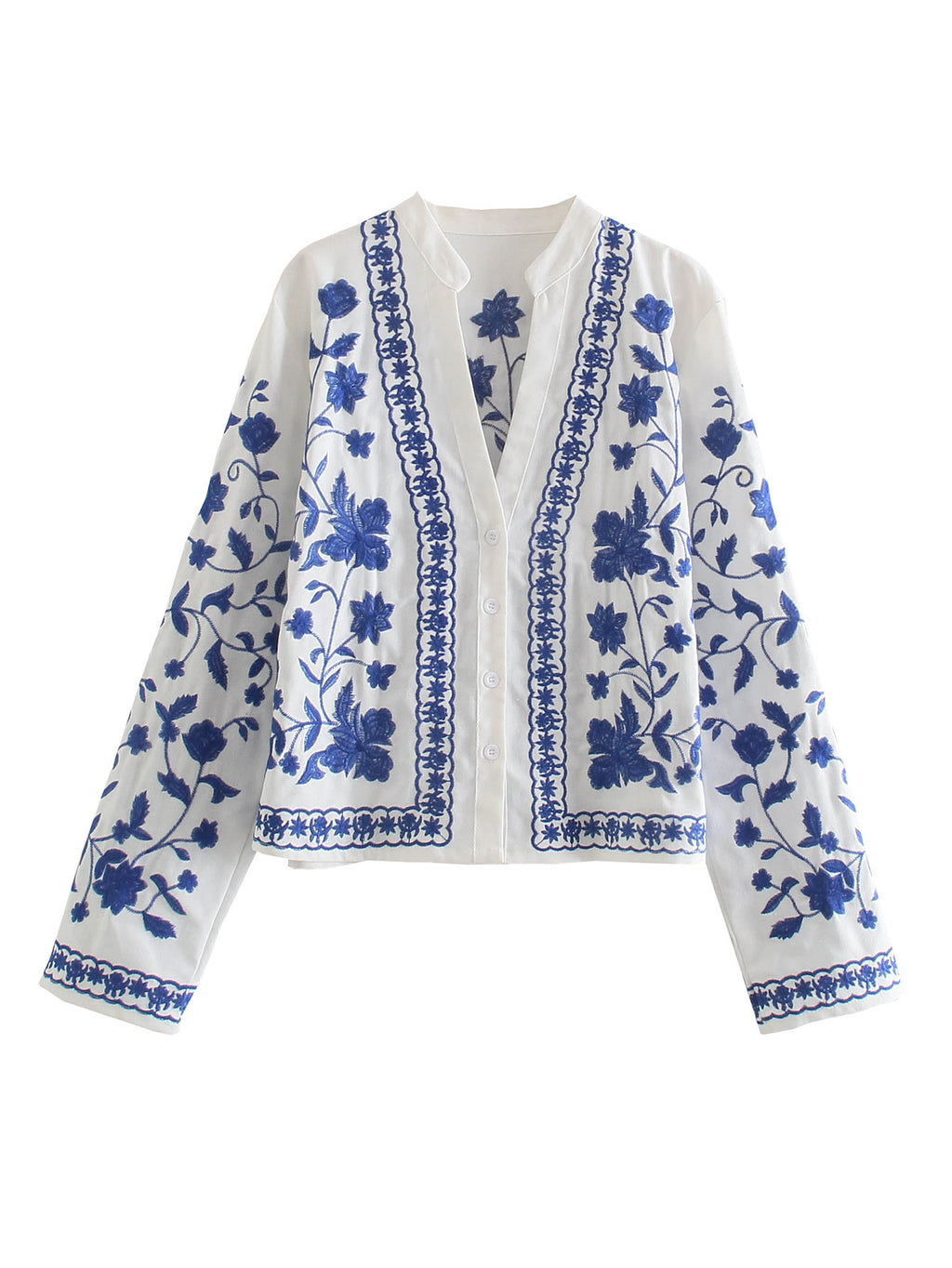 Floral Embroidered Open Front Shirt - WhiteBlue - 1