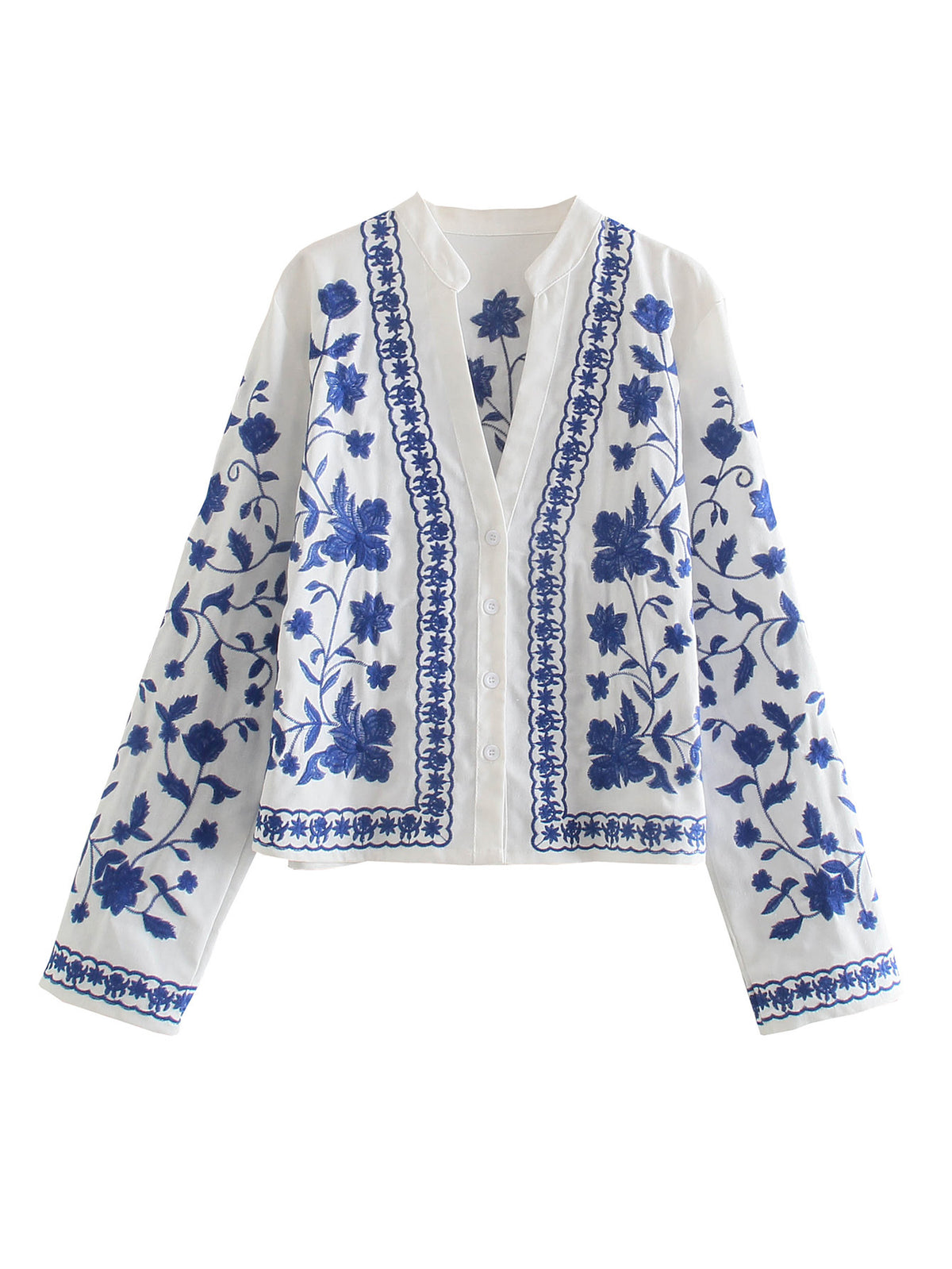 Floral Embroidered Open Front Shirt - WhiteBlue - 1