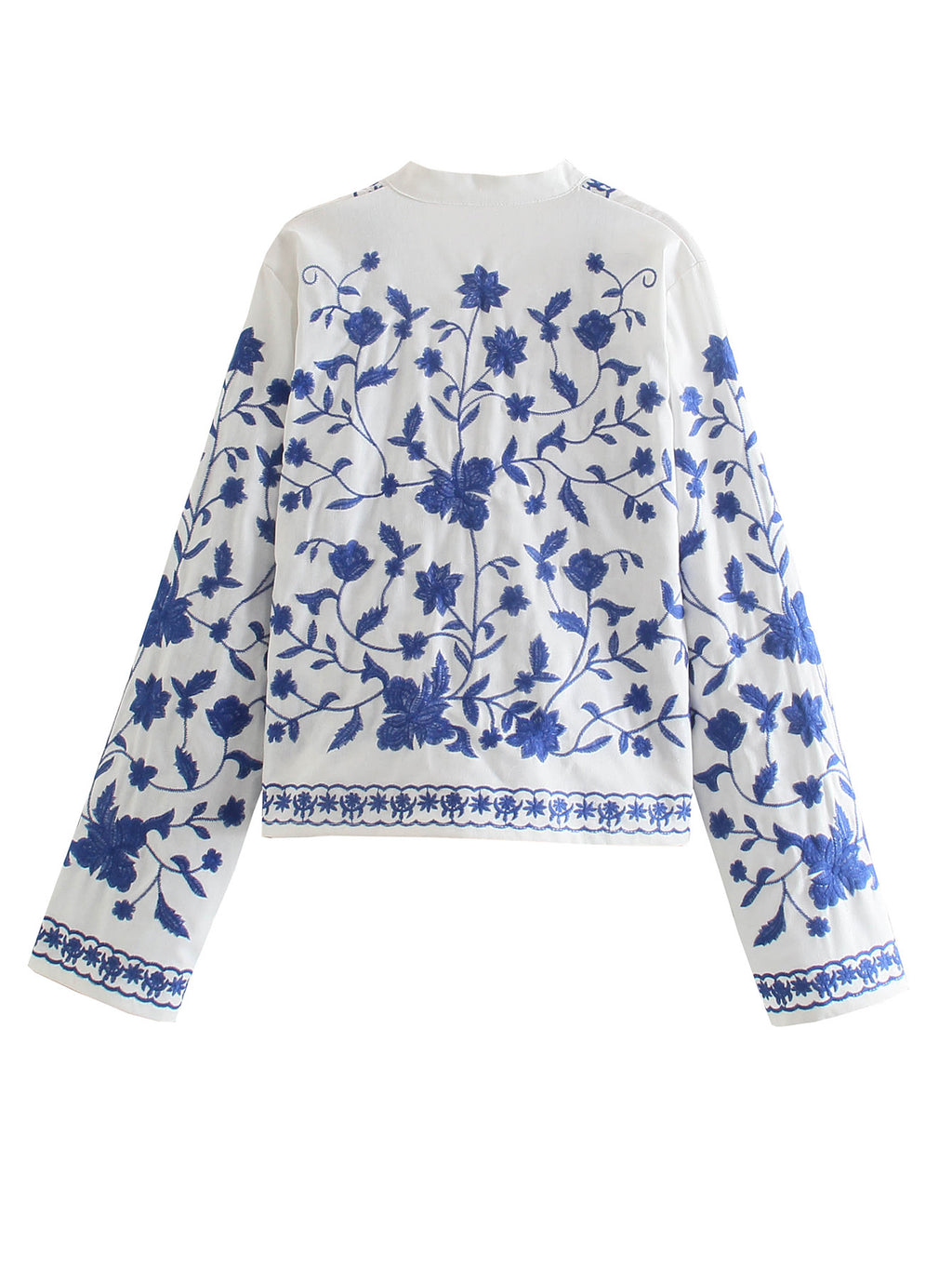 Floral Embroidered Open Front Shirt - WhiteBlue - 2